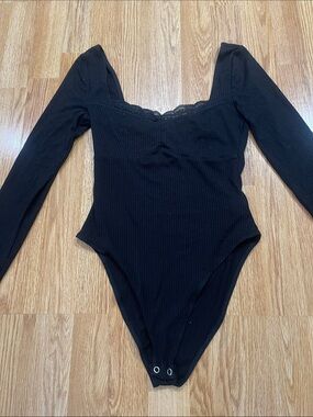 Black Ribbed Long Sleeve Lace-Trim Bodysuit